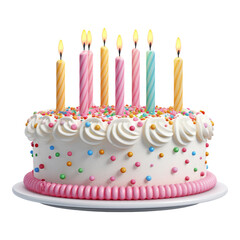 birthday cake with candles isolated on transparent background cutout