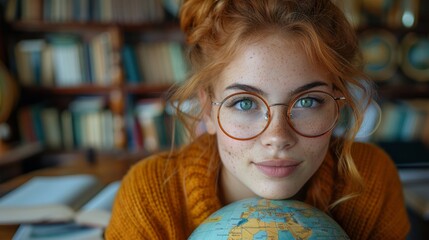 The image of a studious young woman, globe in hand, underlines her dedication to academics, set against the backdrop of a book-laden classroom
