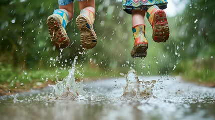 A close-up of kids' rain boots jumping in a puddle of water in the rain © Christian