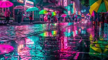 Rainy urban night, neon lights reflect on cobblestones, bustling crowd.