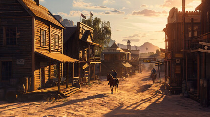 Old western sunset scene, cowboys on horseback, long shadows.