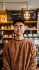 A man in a brown sweater stands in front of a Starbucks