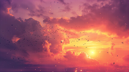 A serene sunrise scene featuring birds flying in the sky, symbolizing hope and new beginnings for World Wildlife Day.The tranquil atmosphere and soft hues of the sunrise evoke a sense of peace and red