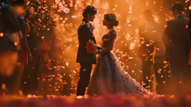 A couple is getting married in a flowery, romantic setting