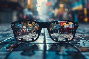 Augmented reality glasses with puzzle pieces overlayed on the real world