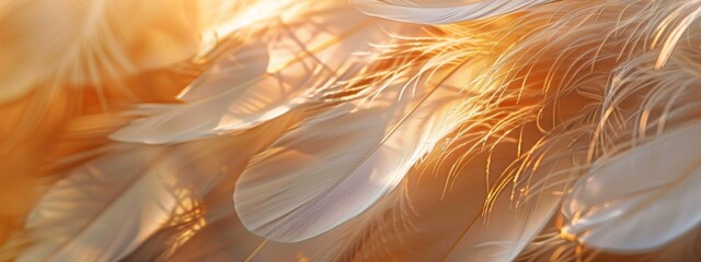 A closeup of soft, delicate feathers in shades of white and orange against an abstract background.