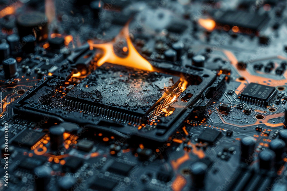 Poster burnt-out computer chip, a visual metaphor for the burnout in tech industries