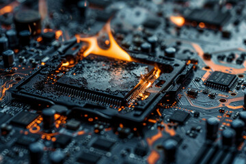 Burnt-out computer chip, a visual metaphor for the burnout in tech industries  - obrazy, fototapety, plakaty