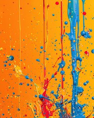 Blue and red paint splashes on yellow background.