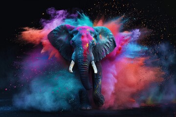 Majestic Elephant Bursting Through Cosmic Clouds in a Vivid Display of Color and Power

