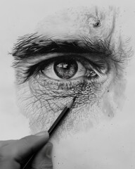 Obraz premium Painting of a man's eye with a pencil in black and white