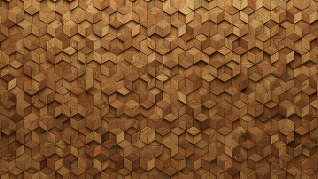 Soft sheen, 3D Wall background with tiles. Diamond Shaped, tile Wallpaper with Wood, Timber blocks. 3D Render