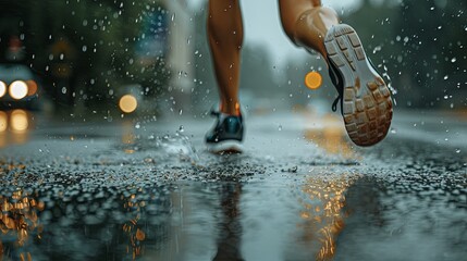 Evening run in the rain - close-up on runner's feet in motion