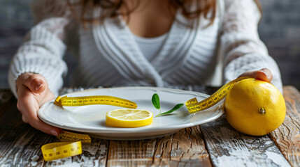 Woman with plate lemon and measuring tape at table. 