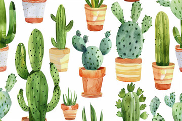 Cacti, Cute watercolor cactus plants, Seamless pattern illustration 