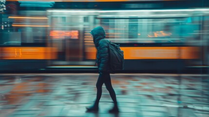 Fototapeta premium Dynamic Urban Life: People Captured in Motion Against Blurred City Lights