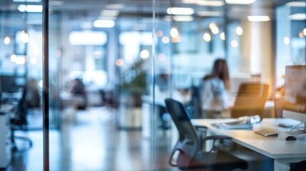 Bright business workplace with people in walking in blurred motion in modern office space