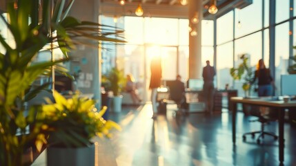 long exposure shot of a crowd of business people walking in a bright office lobby, fast-moving with blurriness. 
