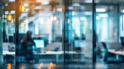 Bright business workplace with people in walking in blurred motion in modern office space