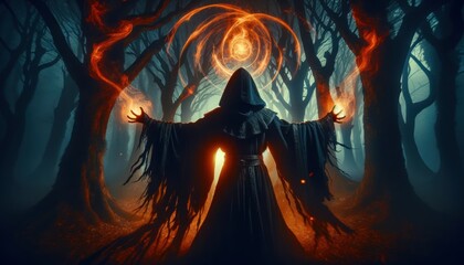 dark sorcerer stands with arms outstretched, summoning fiery magic in a haunted forest. The mage's cloak billows in the mystical winds