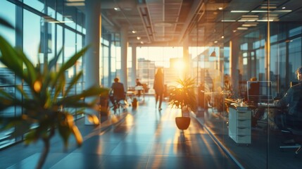 long exposure shot of a crowd of business people walking in a bright office lobby, fast-moving with blurriness. 