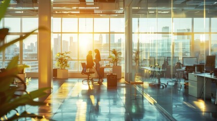 long exposure shot of a crowd of business people walking in a bright office lobby, fast-moving with blurriness. 