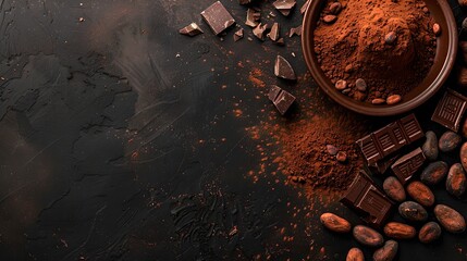 Dark Chocolate Delight, Cocoa Beans and Powder on Textured Background. Rich Aroma Concept Image, Ideal for Gourmet and Culinary Themes. AI