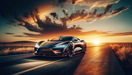 Fototapeta premium essence of freedom and adventure, featuring a modern, stylish car parked on a deserted road at sunset.