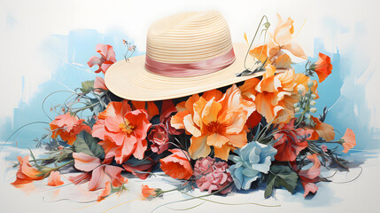 watercolor painting of bimmed hat with flowers ornaments on white background.