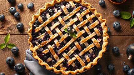 Fresh homemade blueberry pie on wooden table