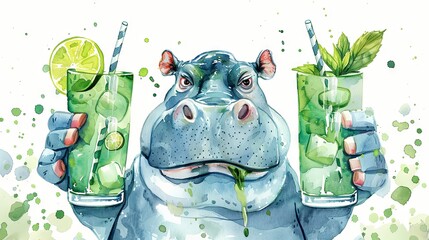 Cheerful hippo enjoying fresh mojito cocktails 