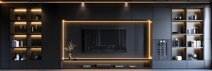 Modern Black TV Wall Unit with Built-in Shelves and Storage Cabinets