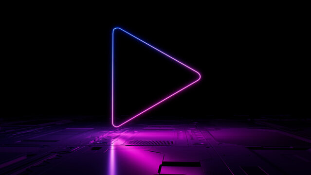 Pink and Blue Media Technology Concept with play symbol as a neon light. Vibrant colored icon, on a black background with high tech floor. 3D Render
