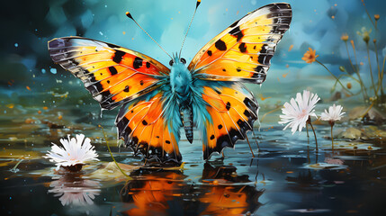 watercolor painting illustration of beautiful nature, butterfly in vibrant color with flowers, landscape and nature.