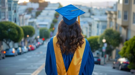 High School Teen with cap and gown on the streets of San Francisco