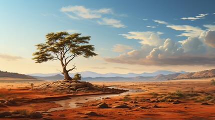A beautiful painting of a lonely tree in the middle of a vast desert