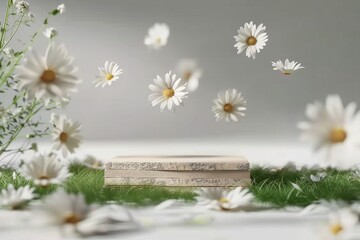 3D background, wood podium display. White daisy flower falling. Cosmetic or beauty product promotion step, pedestal with green grass. Abstract spring backdrop. generative ai.
