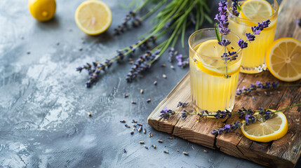 Wooden board with lavender lemonade in glass