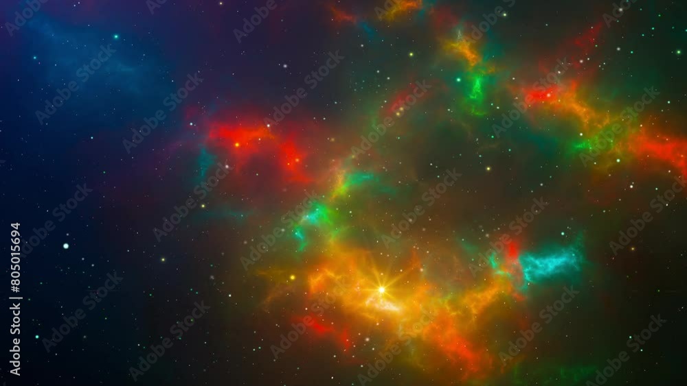 Wall mural space background. flying through colorful fractal nebula with star field. digital abstract animation