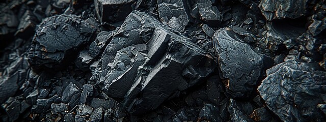 Background of black coal, close-up. Panoramic image.