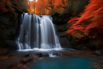 A waterfall framed by fiery foliage, the water cascading into a pool of crystal-clear blue
