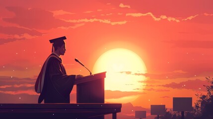 Illustration of a graduate at a podium during sunset, conveying themes of success and new beginnings.