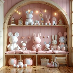 Dolls and children's toys are neatly arranged against a pink wall background, a minimalist, child-friendly room concept for small families
