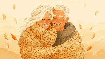 Warm illustration of an elderly couple wrapped in a cozy, oversized scarf, sharing a tender moment amid falling autumn leaves.