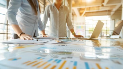 Professional team analyzing charts and data on a sunlit desk, ideal for corporate strategy and business analysis themes.