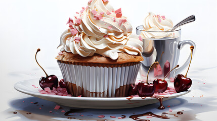 watercolor painting illustration of sweet dessert, cream, cup cake with cherries and whipped cream.