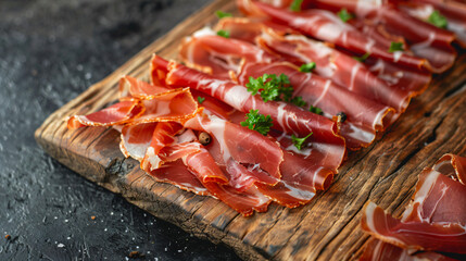 Wooden board with slices of delicious jamon closeup - Powered by Adobe