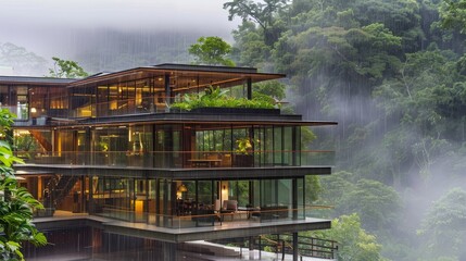 Obraz premium Modern house integrated into a rainforest, showcasing eco-friendly architecture and sustainable living.