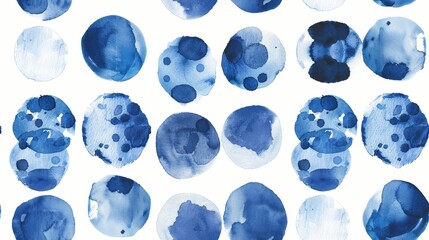 Seamless watercolor circle patterns in shades of blue, ideal for artistic backgrounds or themes of tranquility and fluidity.
