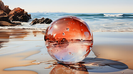 watercolor painting of crystal ball on tranquil summer beach